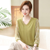 New Mother Clothes Spring and Autumn Sweater Fashion Color-matching Casual Loose V-neck Shirt for Middle-aged and Elderly Women's Top