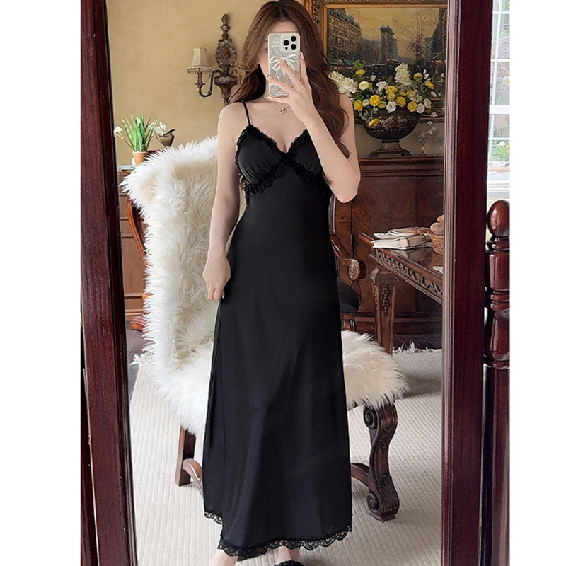 带胸垫冰丝吊带睡裙睡袍两件套长款睡衣法式纯欲仿真丝家居服女|undefined