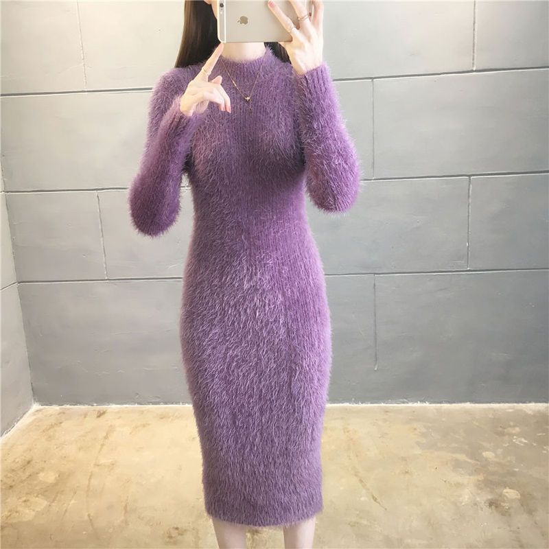 过膝毛衣裙女秋冬半高领加厚保暖针织中长款打底连衣裙毛衣女