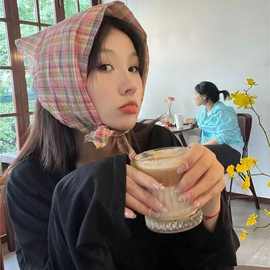 多巴胺连线~ 复古彩虹格子三角巾包头丝巾女绑发夏季春秋装饰领巾