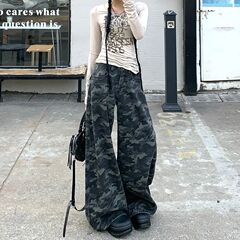 アメリカ式高街工装広脚迷彩ジーンズ女性早春の新型レトロな高腰がゆったりして痩せているストレートパンツ