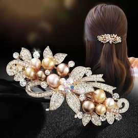 珍珠水钻花朵发夹女韩版后脑勺弹簧夹高级感头饰妈妈款发饰批发