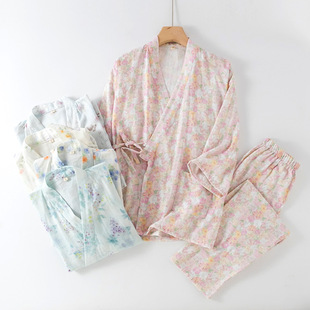 Floral Pure Cotton Gauze Women's Pajamas Double-Layer Cotton Gauze Thin Nightgown Japanese Kimono New Bathrobe Factory Direct Supply