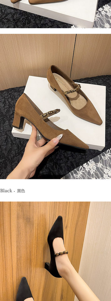Giày cao gót nữ mũi vuông nhỏ quai ngang thanh lịch, gót vuông vừa 3–6 cm, chất liệu cashmere — Màu nâu, Màu đỏ rượu, màu đen chi tiết 8