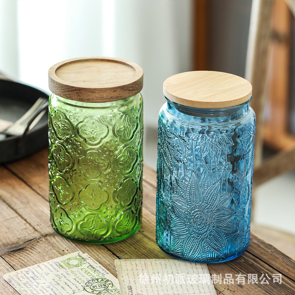 Retro 1000ml almacenamiento de vidrio en relieve para granos domésticos almacenamiento de té bocadillos café sellado lata al por mayor