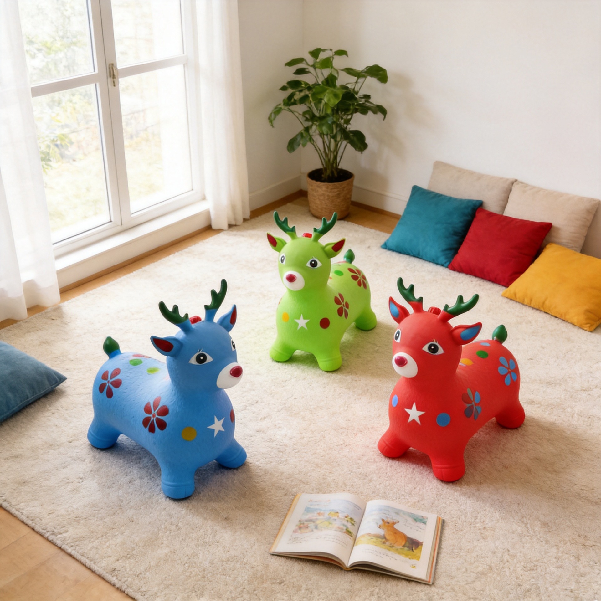 In-Stock Cartoon Painted Musical Deer Jumping Horse Eco-Friendly Material Inflatable Jumping Animal Deer Children's Ride-On Toy