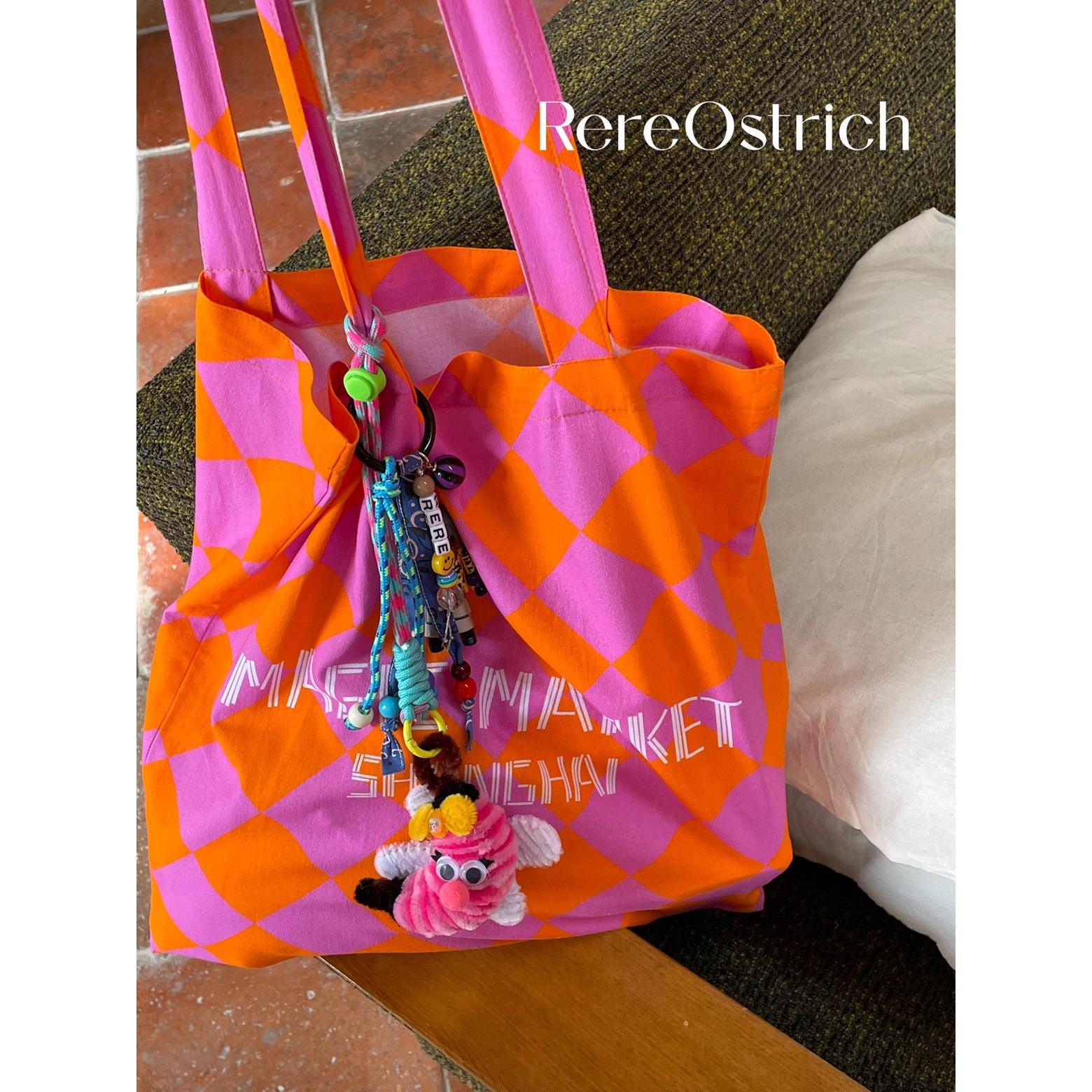【RereOstrich 】 夏日限定粉橙菱格时髦Magic Market布袋大容量