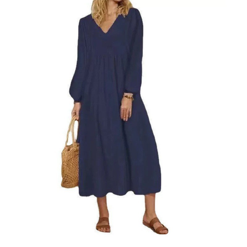 Women's Casual Cotton Linen Dress Loose Oversized Lantern Sleeves Vintage European American Daily Wear_ecoleips.com