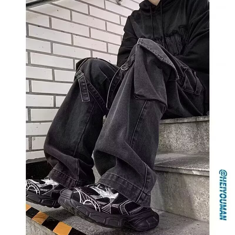 Retro Color Tooling Jeans Men's Spring Loose Straight Wide Leg Pants Bf Lazy Style Japanese American Style High Street Pants