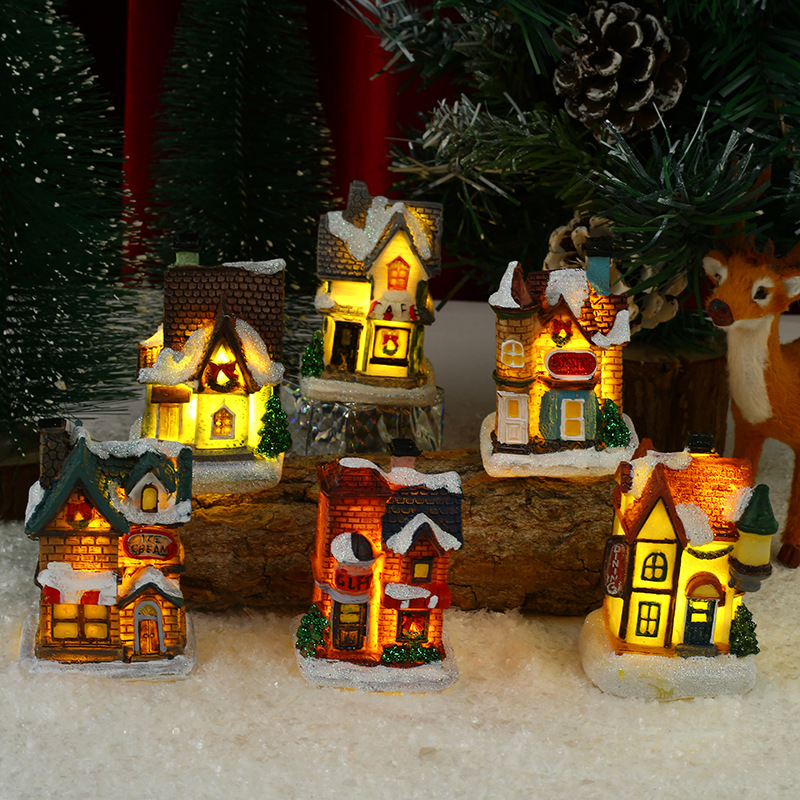 Cross-border new Christmas decorations resin Christmas small house micro-landscape luminous snow house ornaments Christmas gifts
