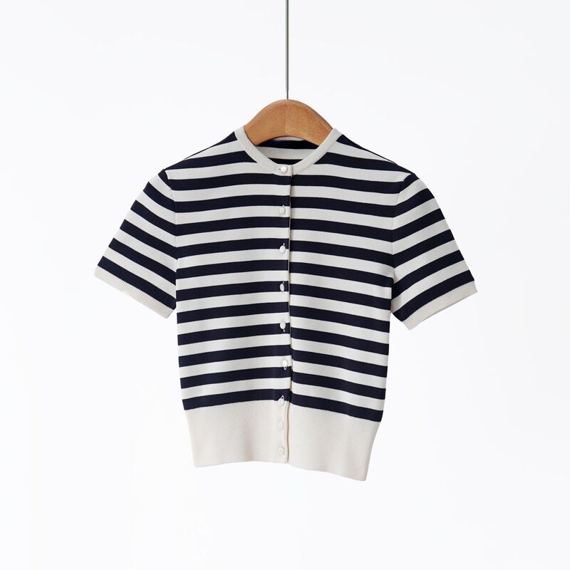 Elegant Purple Label! 26 Spring New Model Imported Yili Silk Slim-Fit Striped Short-Sleeve Knit Cardigan