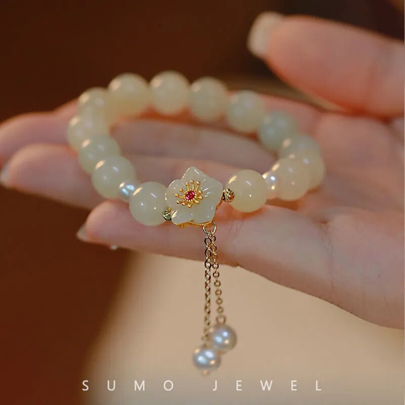 Shake Tone Same Imitation Hetian Jade Cherry Blossom Bracelet Niche Design Fresh All-match Bracelet Gift for Best Friend Girlfriend
