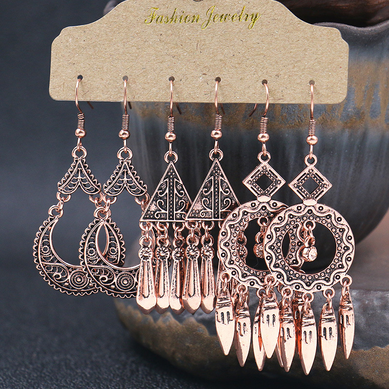 Retro Ethnic Style Tassel Alloy Earrings for Women Baroque Matte European and American Exaggerated Geometric Earrings Jewelry