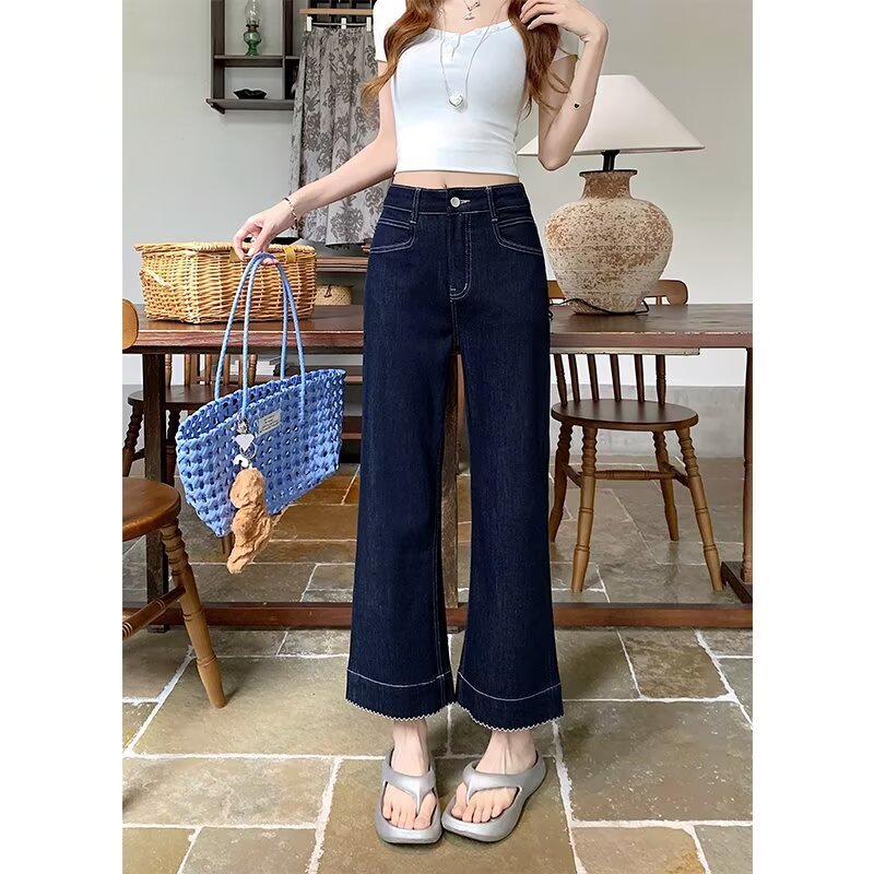 大きいサイズのレトロなストレッチジーンズ、女性用夏用薄いファットmmルーズハイウエストスリムストレートマイクロフレア9点パンツ|undefined