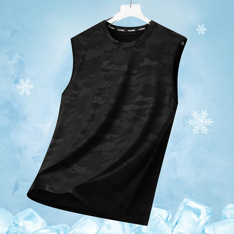 Camiseta sin mangas casual de secado rápido con estampado de camuflaje de verano de seda de hielo para hombre Camiseta deportiva suelta fresca para hombre transfronteriza