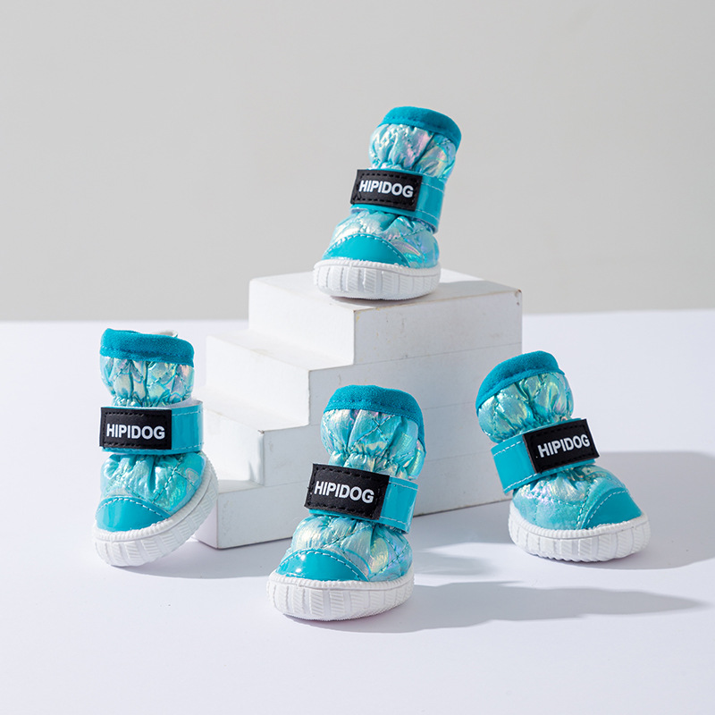 Otoño e invierno gradiente dorado perro botas de nieve forradas de lana gruesa caliente noreste zapatos de algodón anti-gota zapatos para perros mascotas