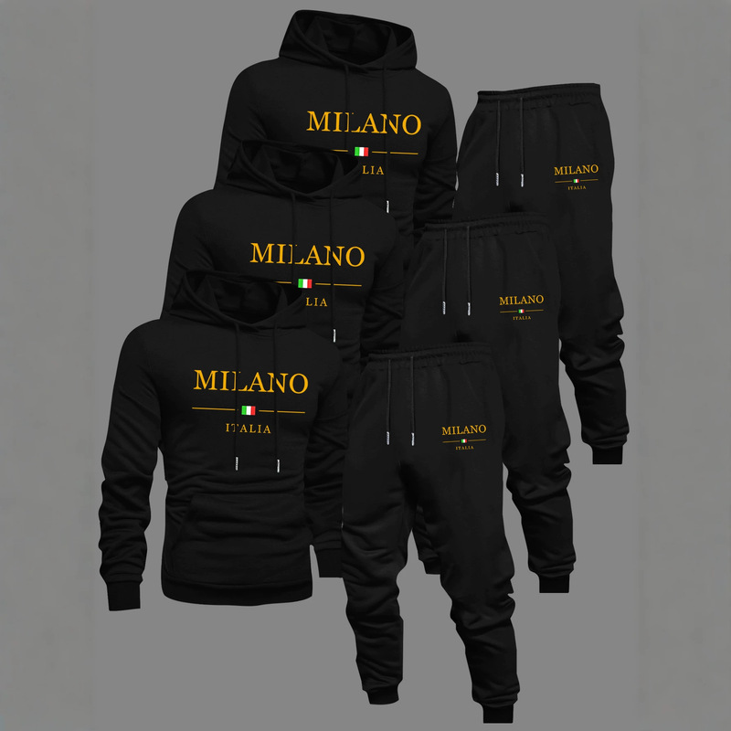 Spring and Autumn Fleece-Lined Hooded Sweatshirt Set for Men, Balance Letter Print, Warm Sports Casual Two-Piece Set