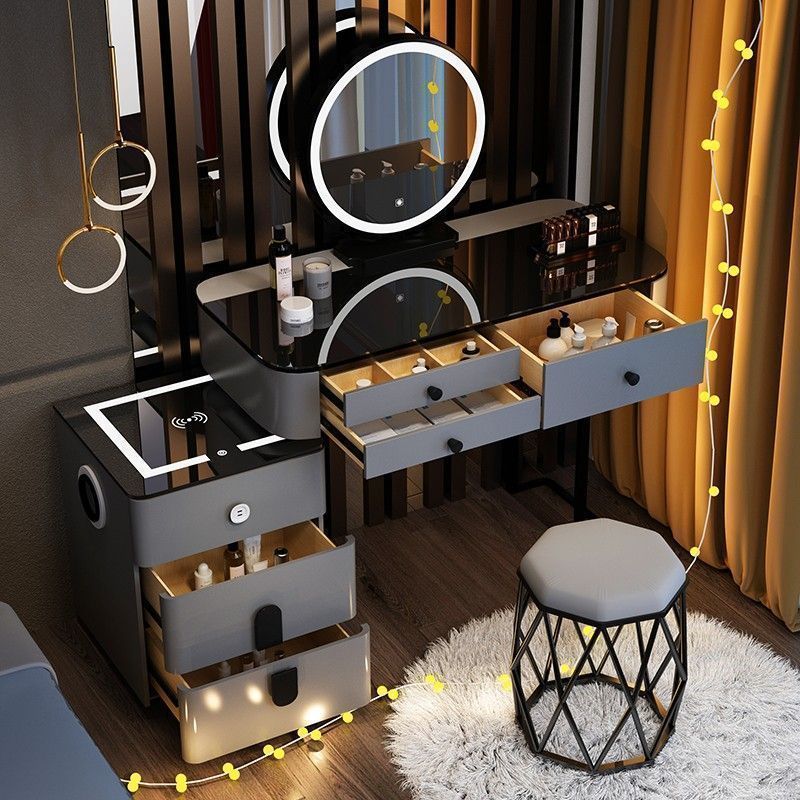 라운드 그레이 및 블랙 123cm 테이블 + 스마트 캐비닛 + 원형 거울 + 새둥지 스툴