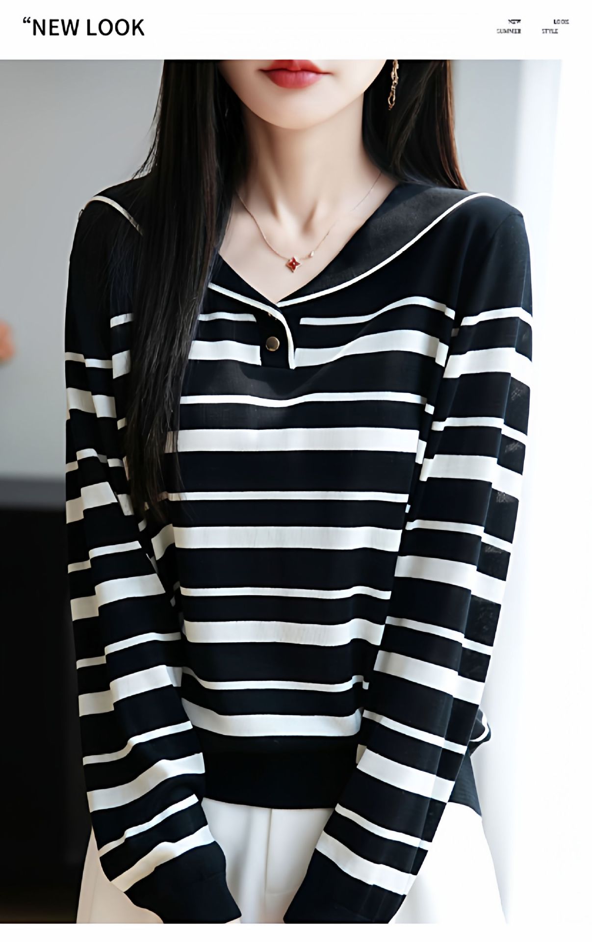 Camiseta de punto a rayas de cuello marino suéter coreano suéter de reducción de edad camisa de base suelta con solapa de luces de manga larga camisa de mujer image 8