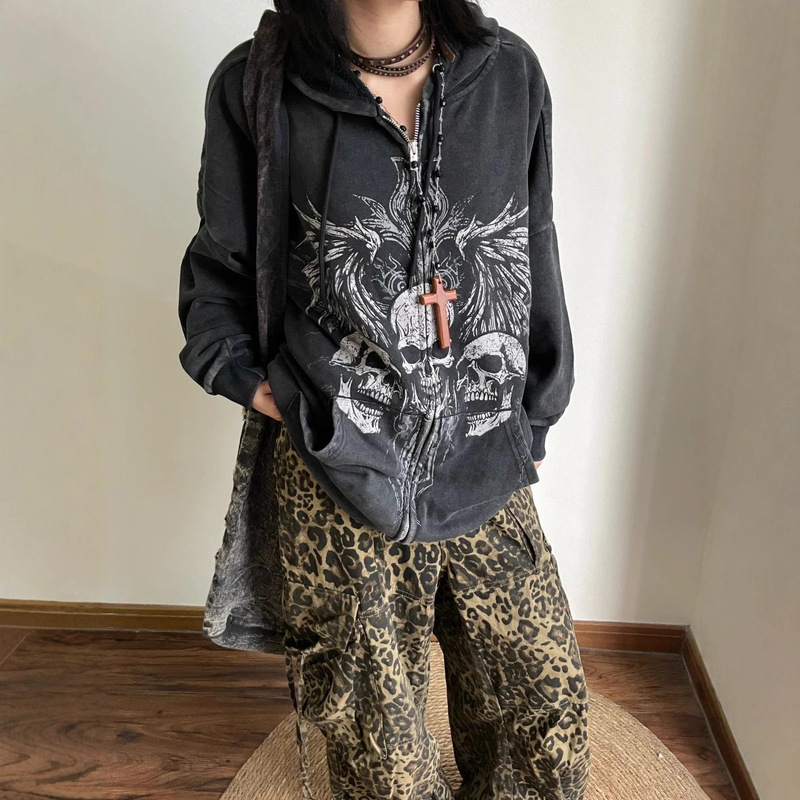 Dark Y2K Gothic American Retro Skull Print Zipper Hooded Sweatshirt Cross-Border Punk Fleece-Lined Jacket Ins Trend