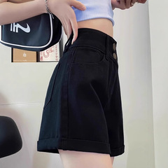 ヒップカバーブラックAラインデニムショートパンツレディース夏薄手ハイウエストゆったり痩身洋ナシ体型ワイドパンツ。