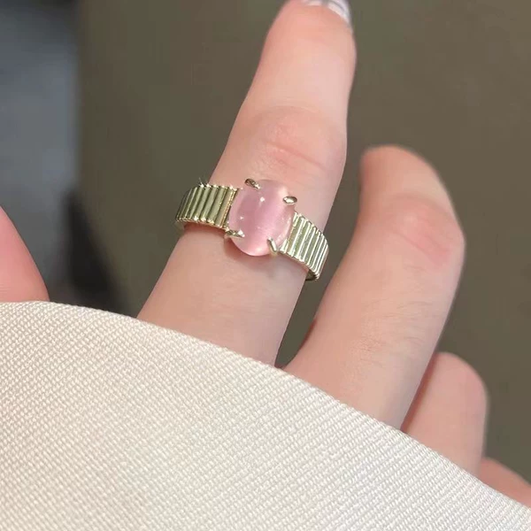 Pink cat eye stone wide version ring