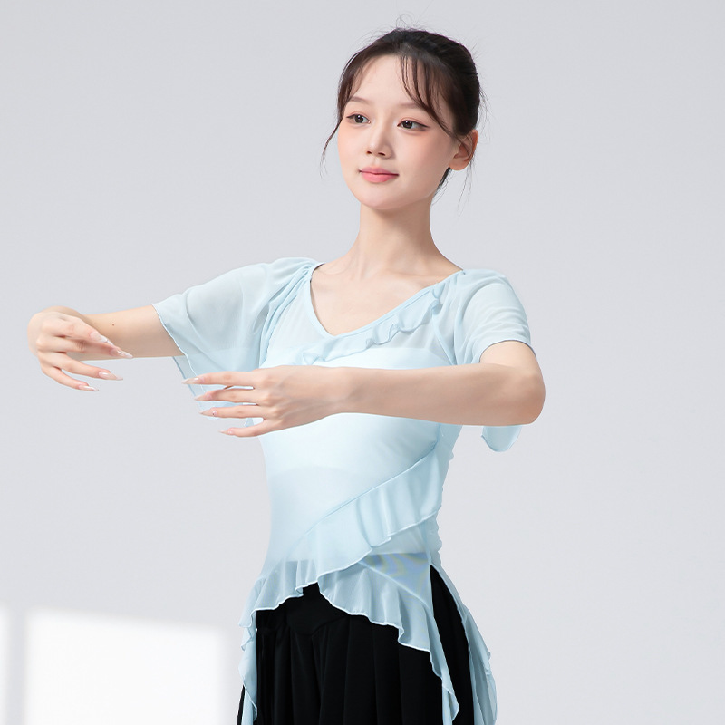 女性用の新しいクラシックダンス服、フリル半袖弾性メッシュトップ、中国モダンダンスボディリズム練習服|undefined