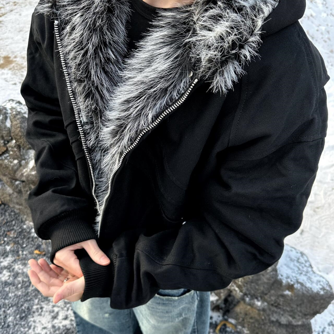 跨境EME 16oz剪裁帆布座山雕仿兔毛通身冬季保暖廓形加绒夹克外套