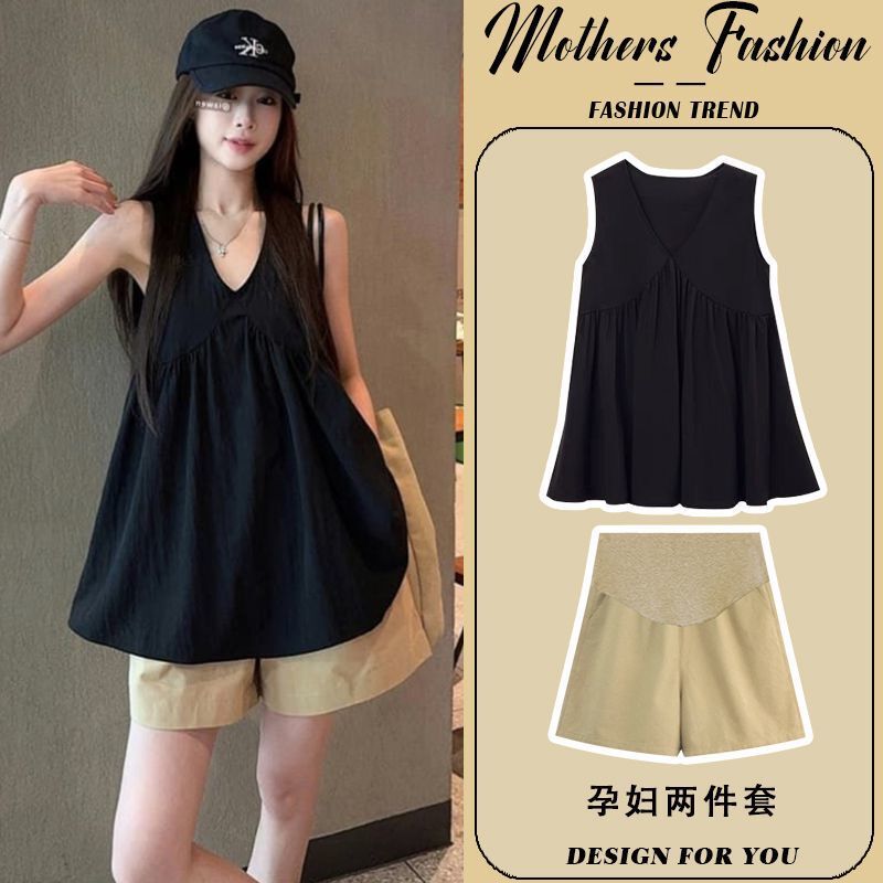 Maternity Suit Summer 2026 New Style Black V-Neck Vest Thin Sleeveless Babydoll Top and Shorts Two-Piece Set