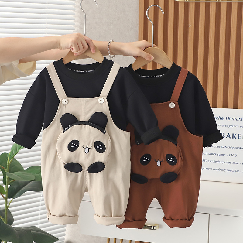 1-5岁男女童秋装两件套洋气熊猫牛仔背带裤小童秋季宝宝可爱套装