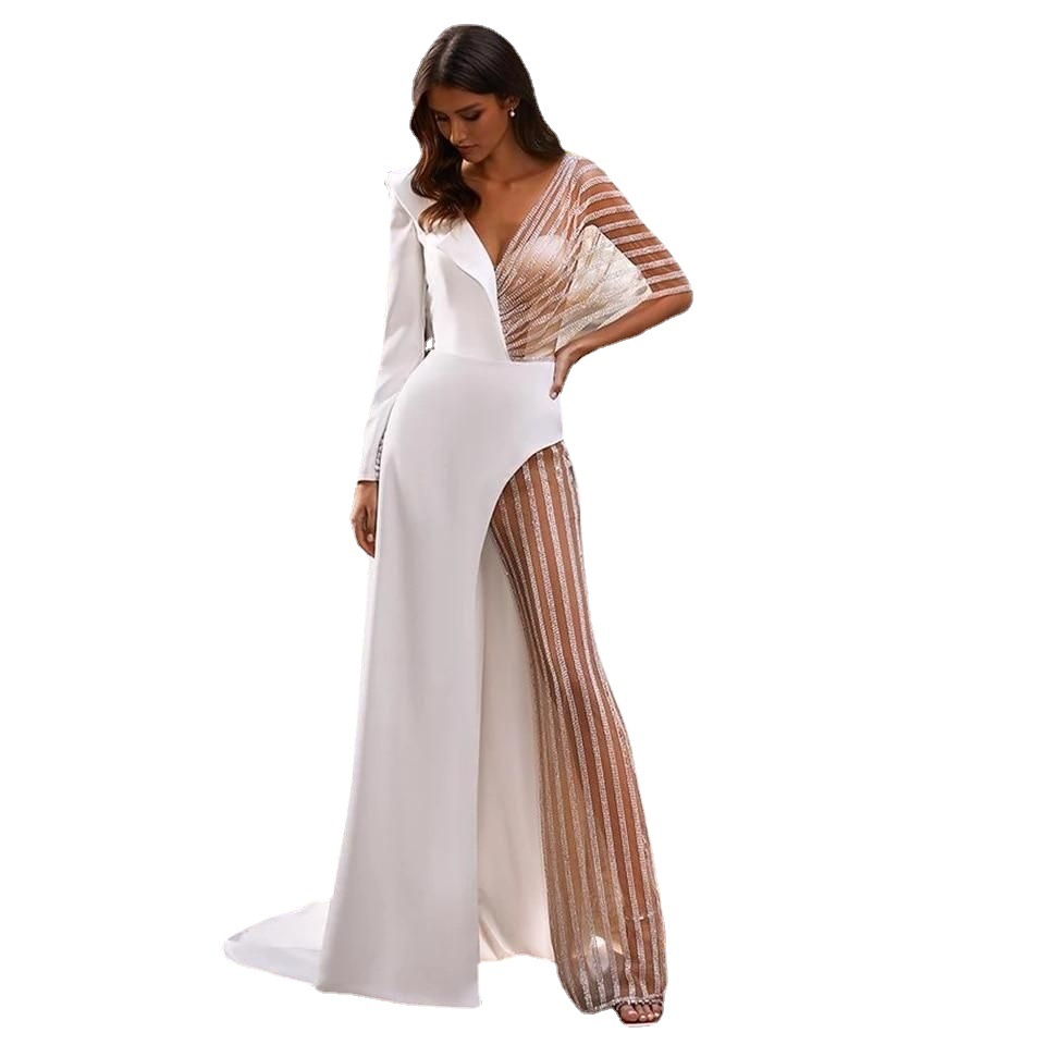 Vestido de Primavera 2025 Nuevo, Transfronterizo, de Amazon, para Mujer, con Diseño de Parches, Cuello en V, Encaje, Asimétrico, Color Sólido