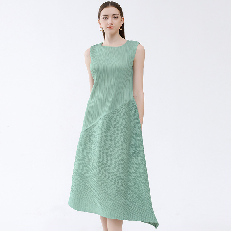 2026 Summer Miyake Airy Loose Pleated Sleeveless Dress for Women, Mid-Length Simple Patchwork Irregular Dress