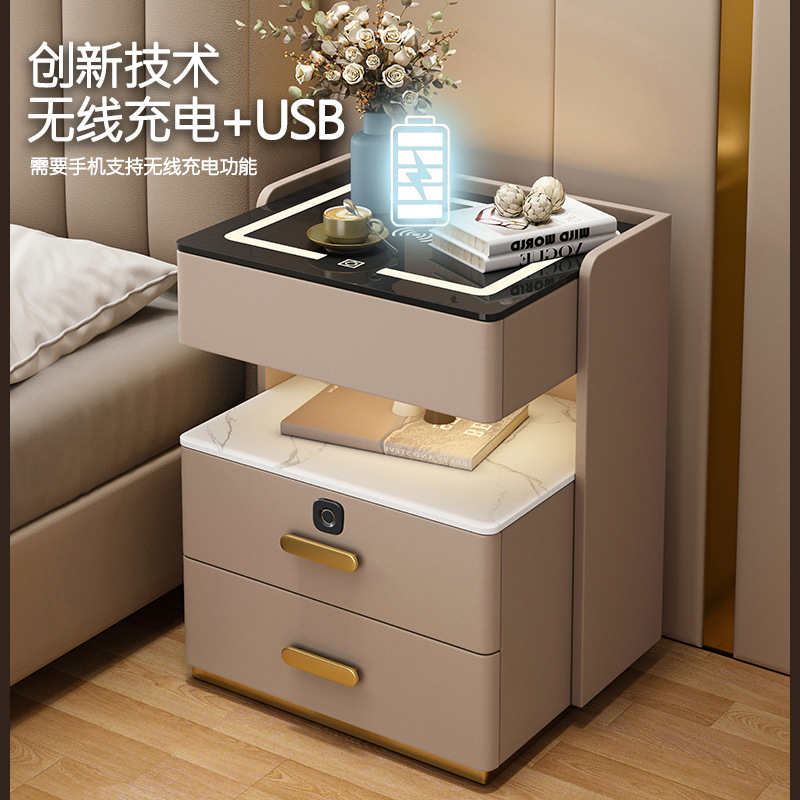 智能床头柜多功能实木轻奢卧室免安装充电储物床边柜|undefined