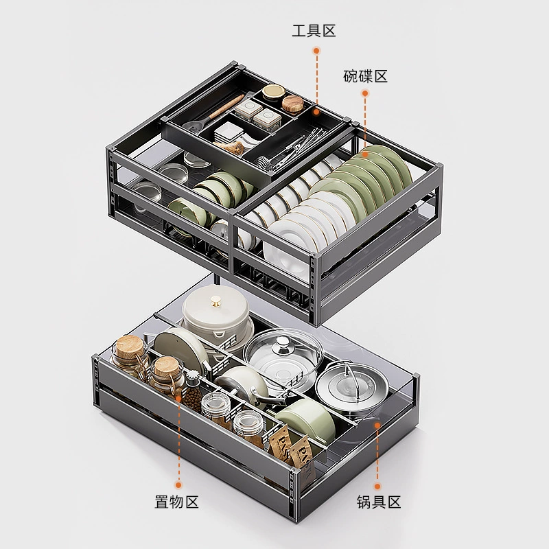 Kitchen multi-layer household multi-function cabinets, double-layer aluminum alloy bowls, dish, pots and utensils storage basket, drawer-type special pull basket
