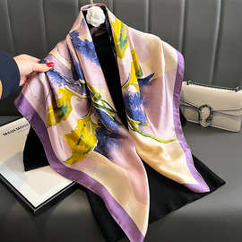 时尚气质花朵印花春秋防晒旅游披肩仿真丝缎面头巾90方巾丝巾女