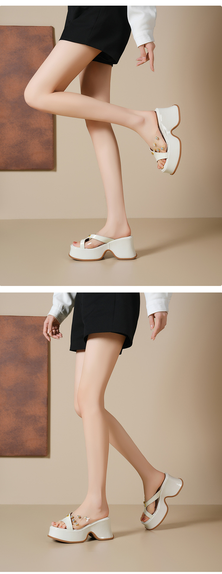 Sandal cao gót nữ đính đá trong suốt quai ngang gót 9cm đế xuồng — Màu đen, Màu trắng be, Màu mơ chi tiết 9