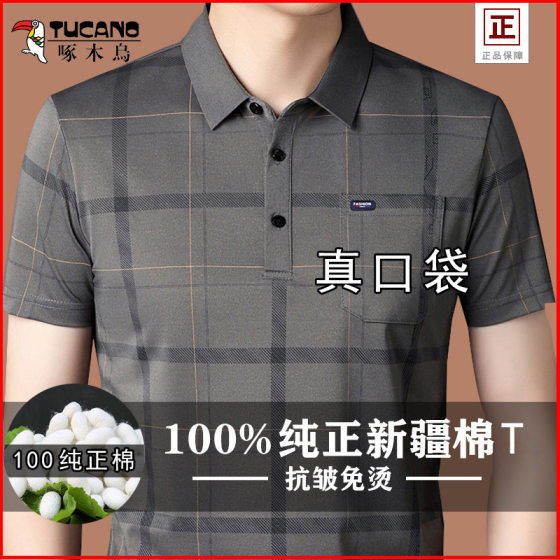 Woodpecker genuine goods Pure Cotton Short-sleeved Men's Real Pocket Lapel All-match Loose plus size High-grade Middle-aged Polo Shirt