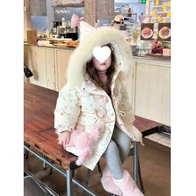女童羽绒棉服中长款儿童24冬装新款女宝宝毛领精灵帽加厚保暖外套