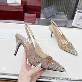 2025新款欧美彩色水钻高根印花复古尖头女鞋气质高跟凉鞋后空轻奢