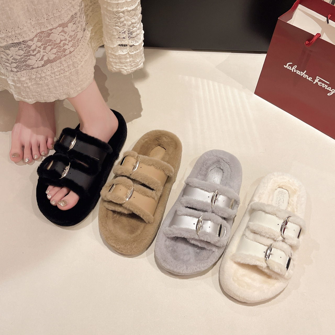 Moda de fondo grueso de hadas zapatillas de pelo de viento para mujeres otoño y invierno 2024 nuevo cinturón de barra paralela hebilla y zapatillas de algodón de tercife para mujeres