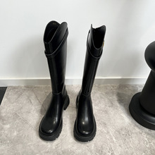 牛皮版~真皮厚底小个子长筒靴女秋冬加绒V口显瘦高筒靴骑士靴长靴