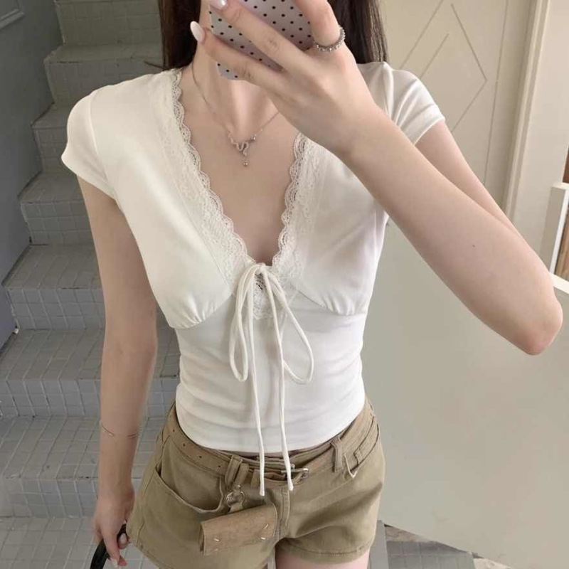 2026 Lace Trim Tie-Neck Short-Sleeve Women's Summer Pure Desire Style Sexy Slim-Fit Short Top 2026 Lace Trim Tie-Neck Short-Sleeve Women's Summer Pure Desire Style Sexy Slim-Fit Short Top
