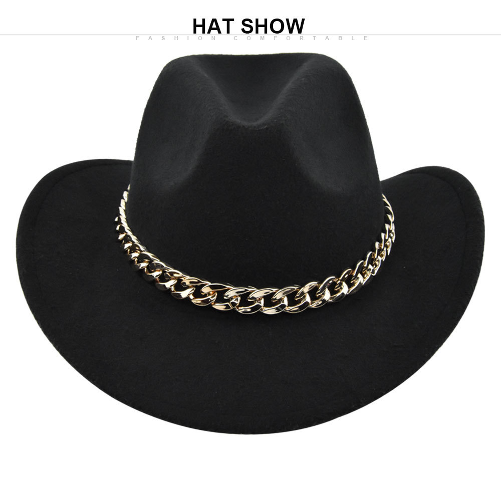 Cowboy jazz gold-plated chain woolen top felt sheep hat, cowboy hat_voghion.com