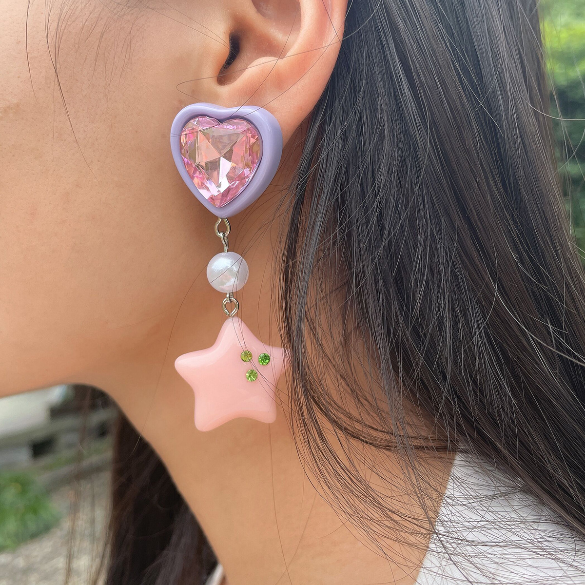 Electroplated Gold Plating Process 316 Stainless Steel Ear Needle Material Cute Pentagram Heart Shape Resin Artificial Gemstones Artificial Pearls Earrings