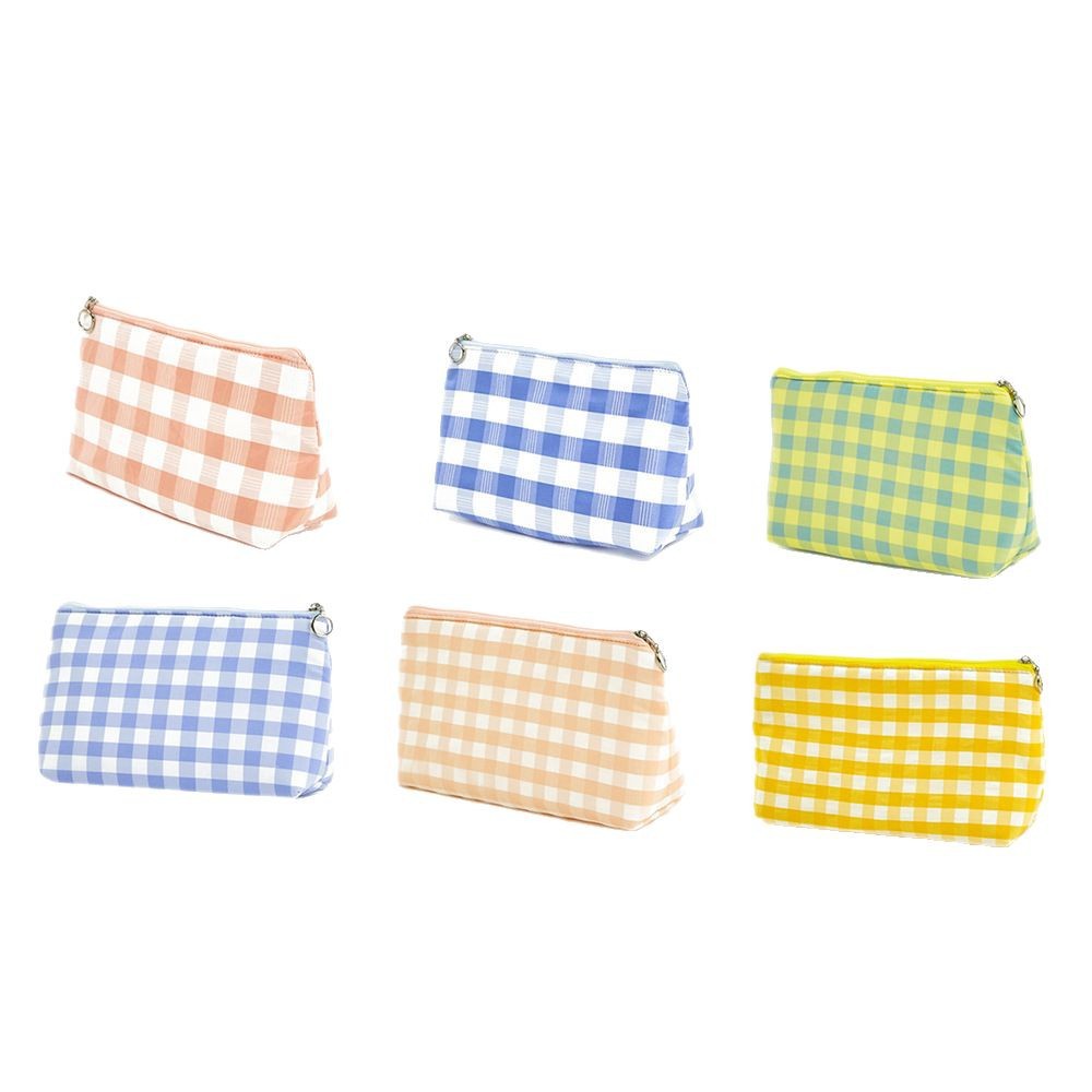 Versión coreana del bolso de mano simple, bolso de almacenamiento portátil con cremallera de gran capacidad, bolso de maquillaje de tela a cuadros multifuncional portátil para mujer