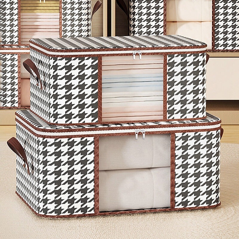 Household Houndstooth Pattern Visible Storage Bag, Large Capacity Transparent Quilt Bag for Moving, Foldable Wardrobe Organizer Storage Box