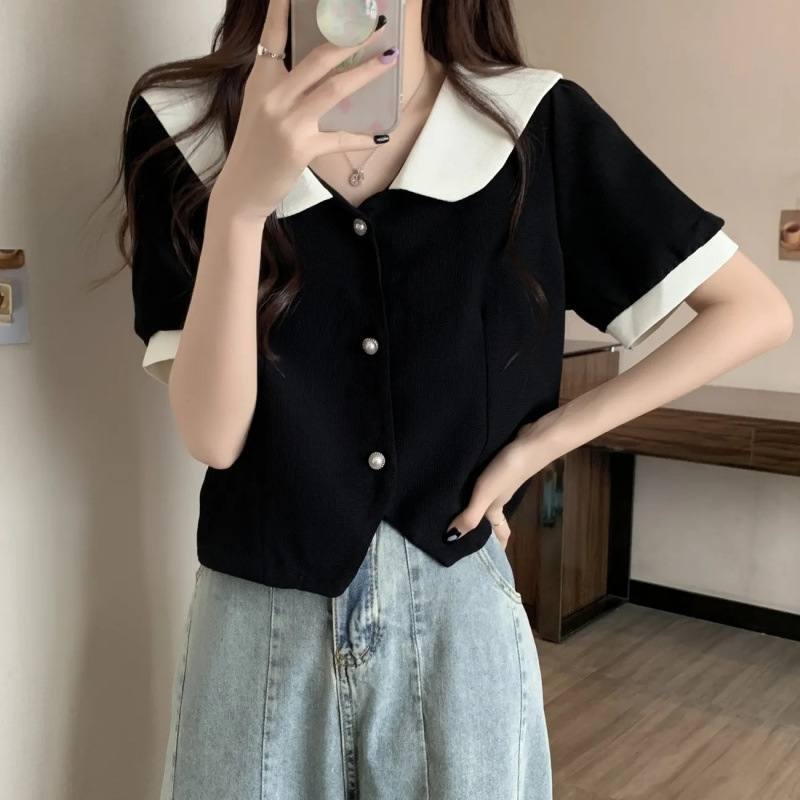 娃娃女领上衣大码女装夏季新款微胖mm遮肚子时尚娃娃领短袖衬衫LD