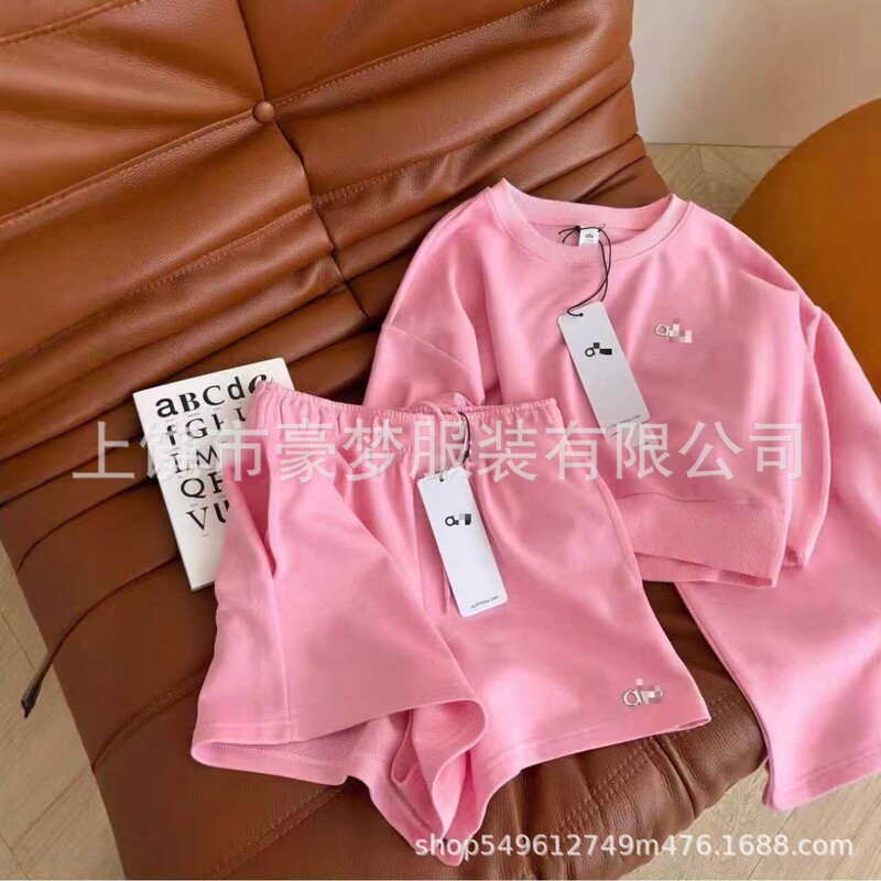 Trendy Cross-Border Brand 26 Spring/Summer Unisex New Round-Neck Short Sweatshirt Elastic Waist Shorts Alo Sports Set