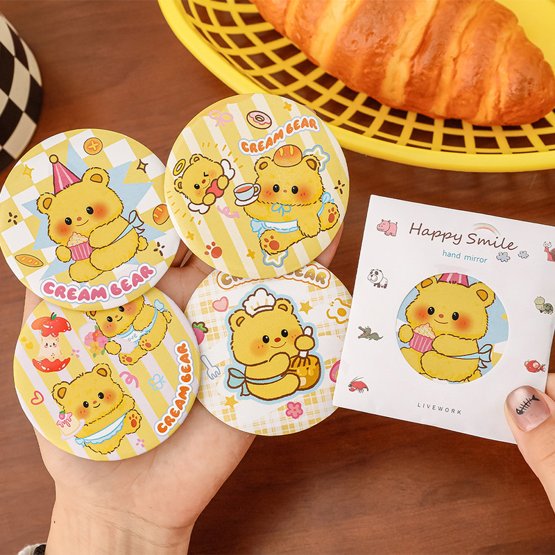 インカスタードベアミラーかわいい漫画ポータブル化粧鏡高見えガールハートミニ小さなラウンドミラー|undefined