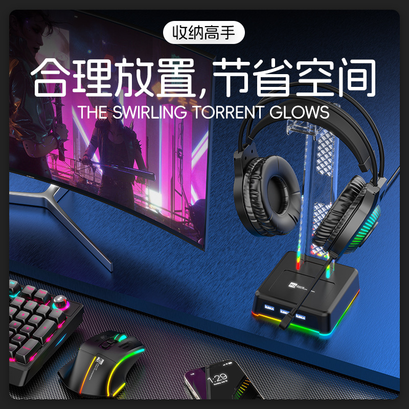 Base Vertical con Iluminación LED para Auriculares Gaming R8 HT03, con Tres Puertos de Expansión USB, Fabricante, en Stock.